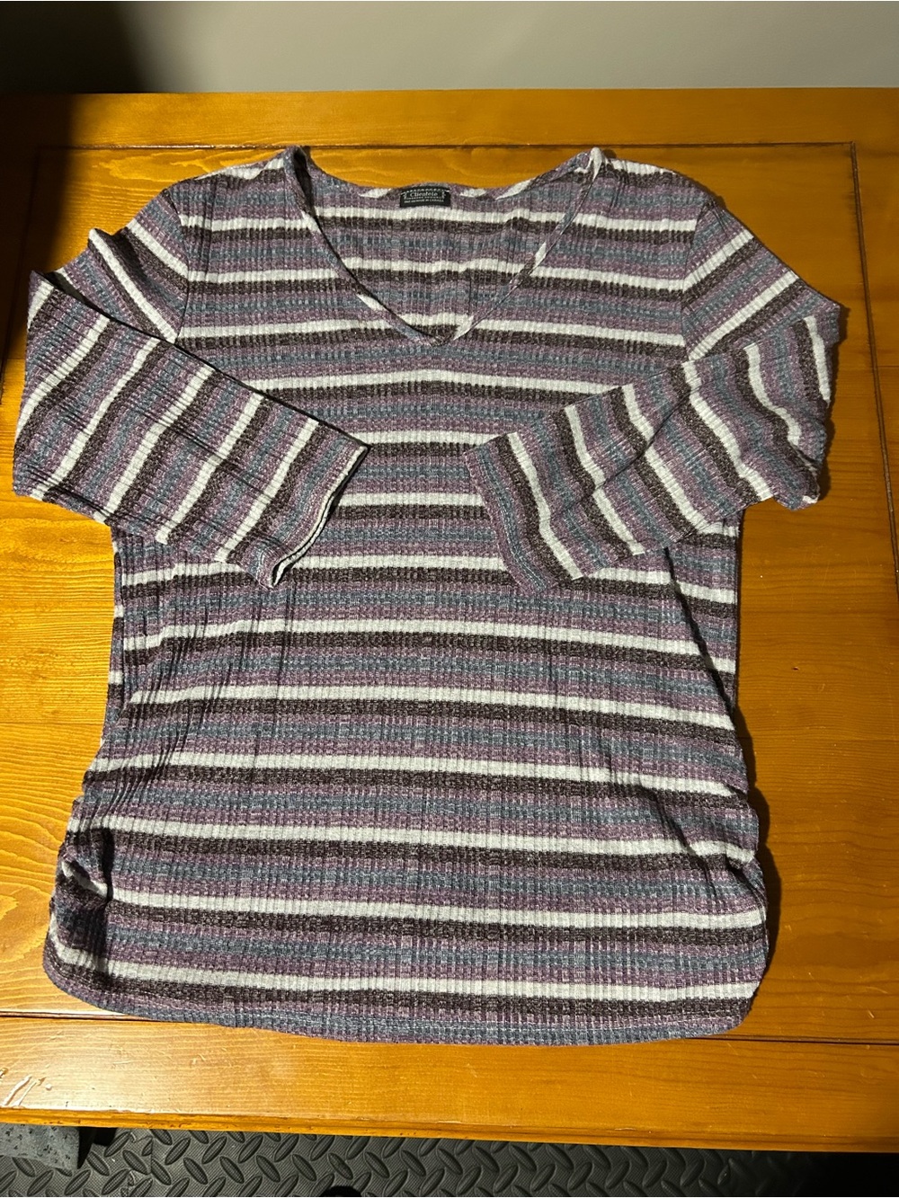 (3/$10) Striped V-Neck Knit Top in Purple and Gray